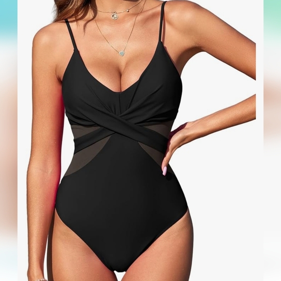 V Neck Mesh Cutout Swimwear Cross Front Tummy Control Push Up SZ L (8-10) black - Picture 2 of 8